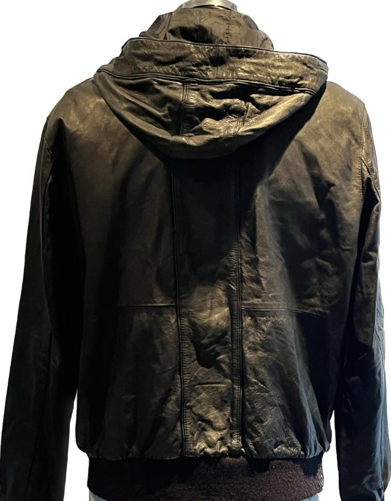 Topman Hooded Black Leather Jacket - size L - Pre-loved