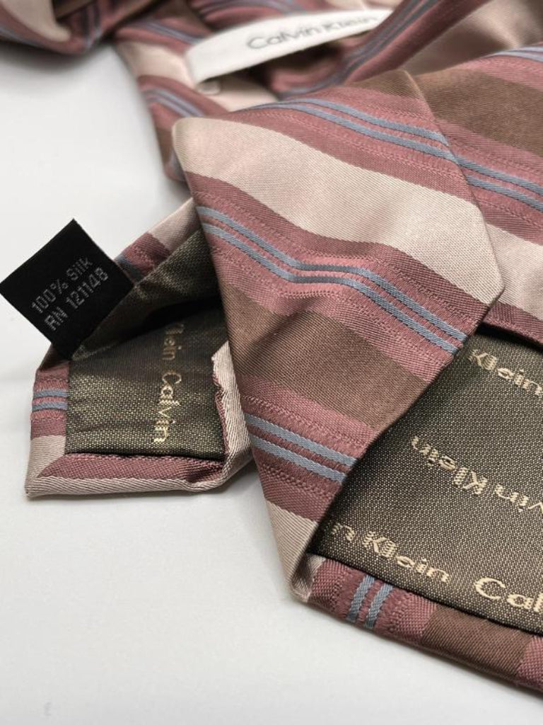 Calvin Klein Silk Tie in Brown and Cream Stripes - Pre-loved in Great Condition