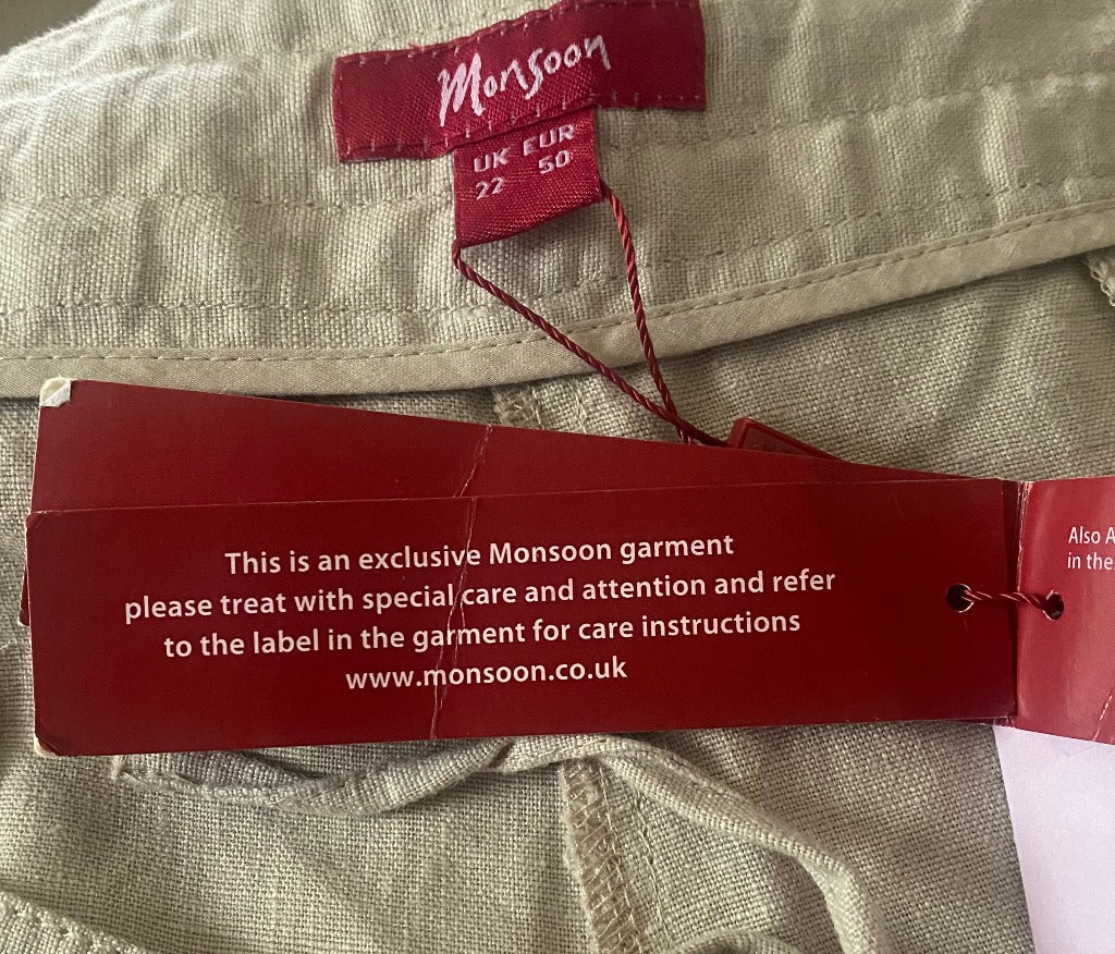 Monsoon Short Fit Linen Trousers size UK22 - NEW with Tags