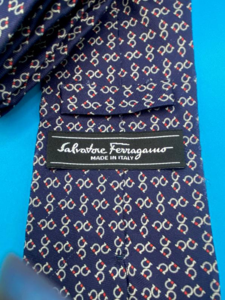 Salvatore Ferragamo Navy and Red/White 100% Silk Tie - Pre-loved