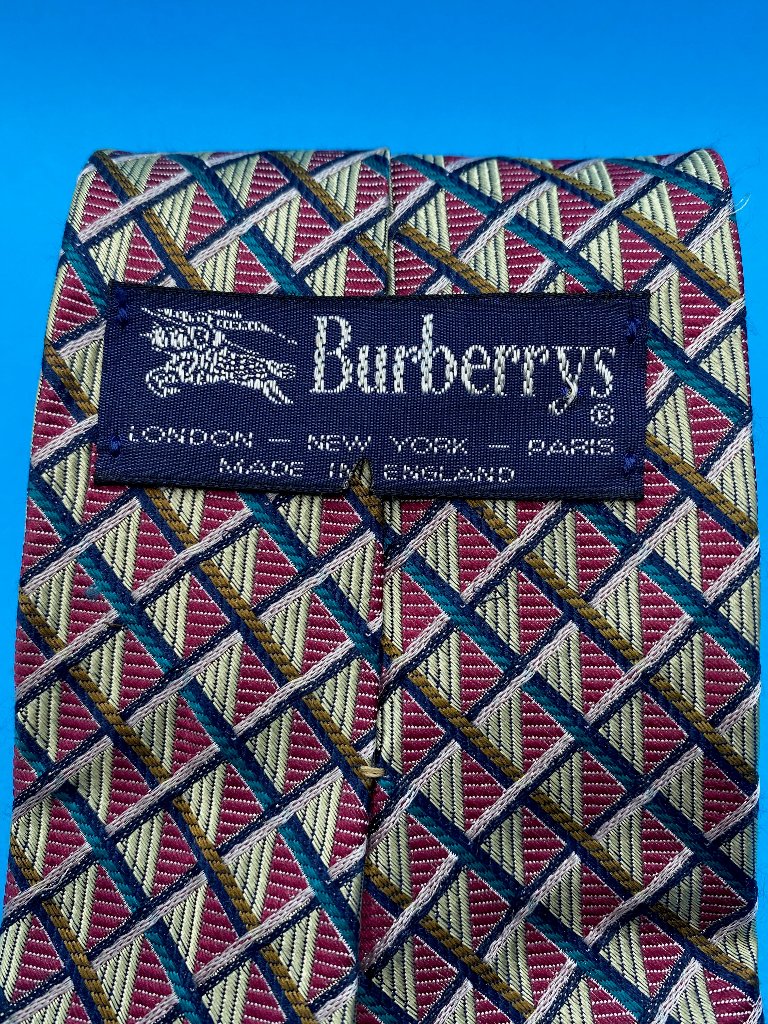 Label of Burberrys Gold & Burgundy Silk Tie