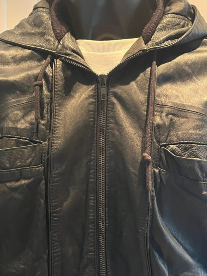 Topman Hooded Black Leather Jacket - size L - Pre-loved