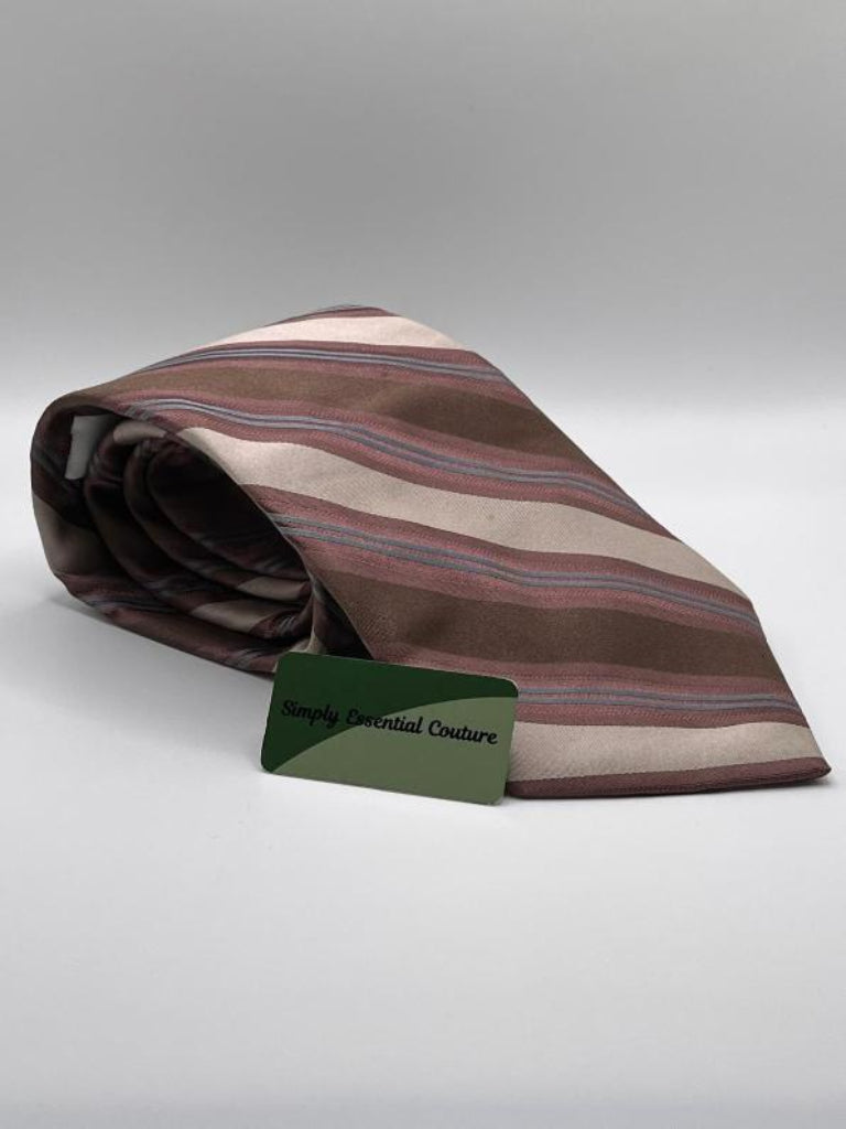 Calvin Klein Silk Tie in Brown and Cream Stripes - Pre-loved in Great Condition