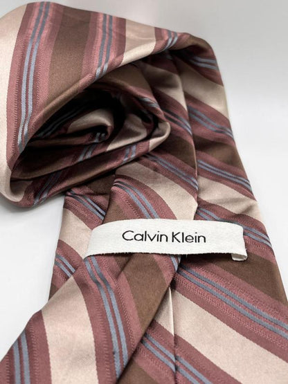 Calvin Klein Silk Tie in Brown and Cream Stripes - Pre-loved in Great Condition